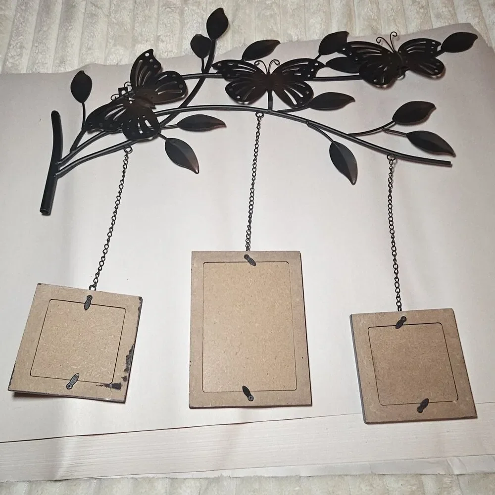 Dark Brown Tree Branch Metal Butterfly 3 Photo Frame Wall Hanging